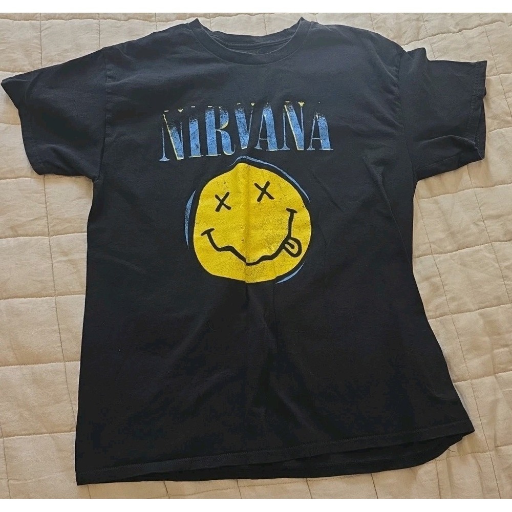 Nirvana Smiley Face Band T-Shirt Grunge Rock Graphic Tee Women's Size L Black